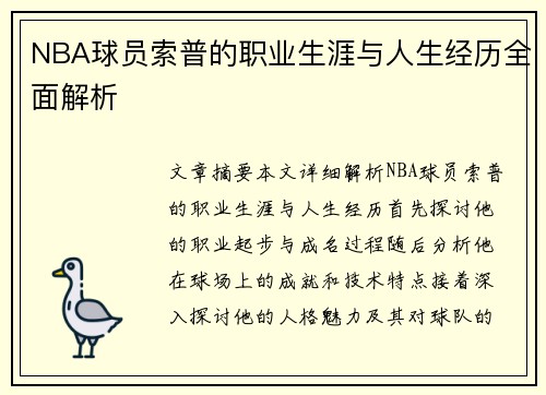 NBA球员索普的职业生涯与人生经历全面解析